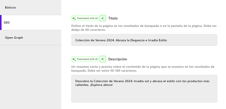 Example of UI for SEO fields that have automated translations applied.