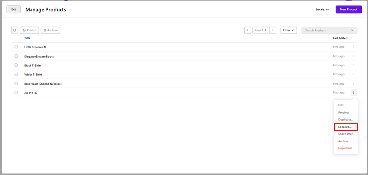 Example of the localize menu action on a Product piece type.
