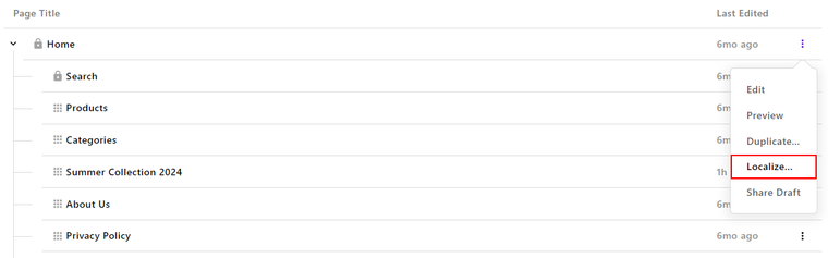 Example of localizing a page via the context menu item.