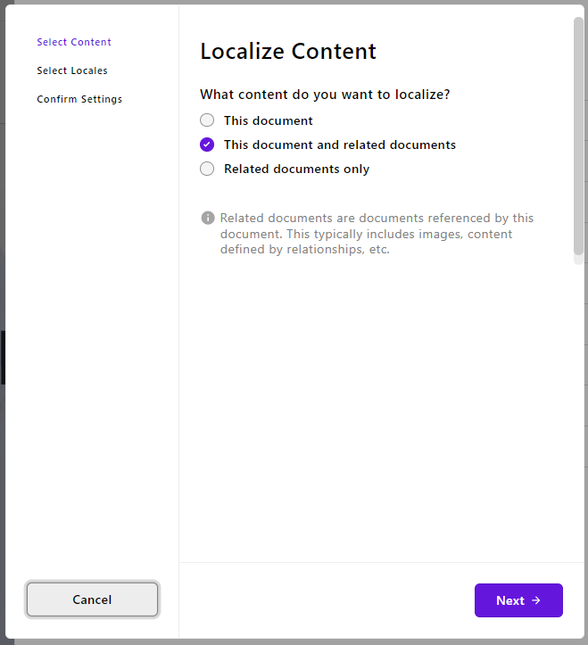 Screenshot of the Localize Content modal.