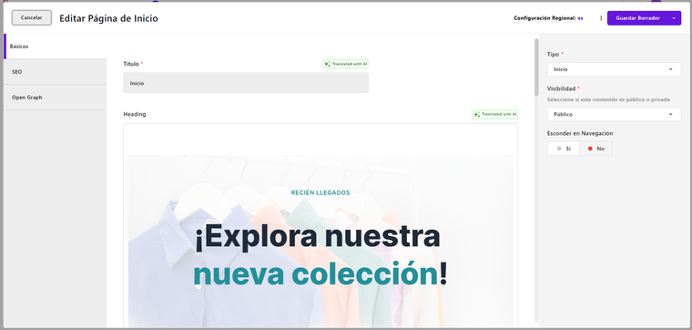 Example of editing a page's settings in the modal after translating it into Spanish.