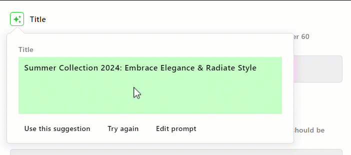 An example of regenerating an SEO title property with the SEO Assistant.
