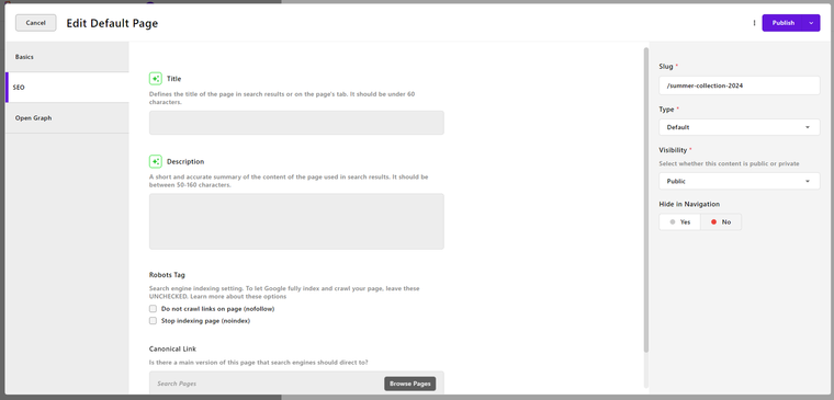 Example of the SEO metadata fields when the SEO assistant is installed.