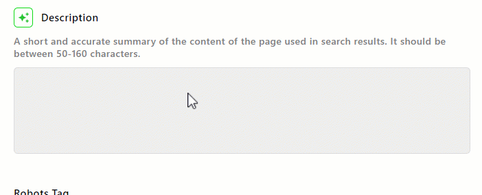 Using the SEO Assistant to suggest content for the Description field.