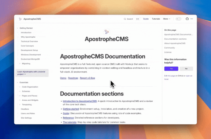 Asking a question of the new ApostropheCMS documentation chatbot.