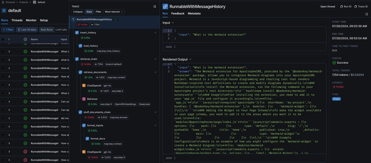 A screenshot of an example query chain in LangSmith.