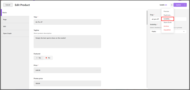 Context menu for localizing pieces