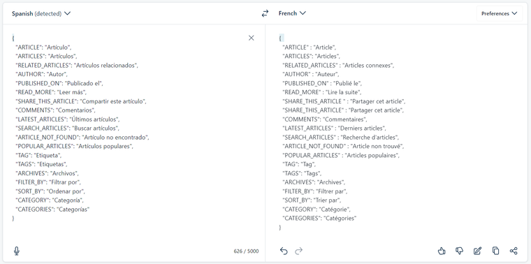 Using an AI service to translate strings from Spanish to French