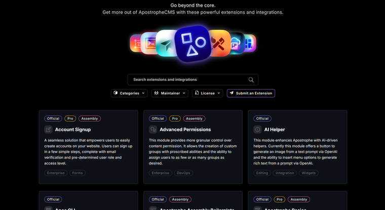 ApostropheCMS has a large library of extensions