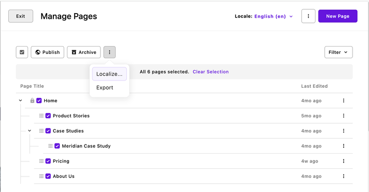 Pages Manager with Pages Selected to Localize