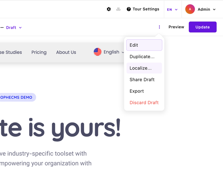 Action menu in ApostropheCMS open with "Localize" highlighted