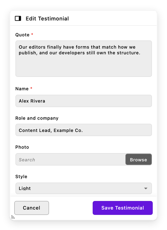 Editor modal in ApostropheCMS showing a testimonial form